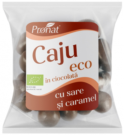 Ciocolata - Nuci caju bio glazurate in ciocolata cu lapte cu aroma de caramel sarat 50g Pronat