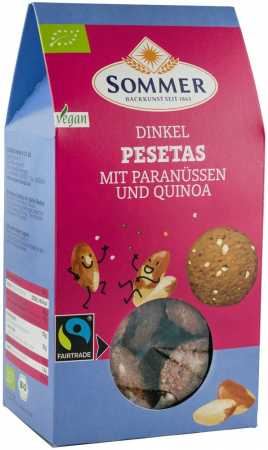 Tendinte - Pesetas biscuiti bio din faina de grau spelta cu nuci braziliene si quinoa, fairtrade, 150g Sommer