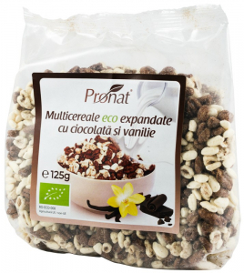 Cereale, fulgi din cereale, mic dejun - Pufarine bio din multicereale cu ciocolata si vanilie, 125g Pronat