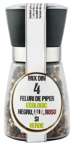 Mirodenii - Rasnita refolosibila cu 90g Mix din 4 feluri de piper bio negru, alb, rosu si verde Pronat