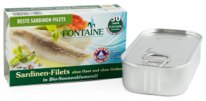 Conserve, Pateuri, creme tartinabile - Sardine fara piele si fara oase, in ulei bio de floarea soarelui, 120g Fontaine