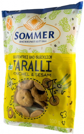Fara gluten - Taralli bio fara gluten cu fenicul si susan, 100g Sommer