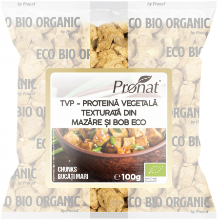 Tendinte - TVP - Proteina vegetala texturata din mazare si bob bio 100g, chunks (bucati mari), Pronat