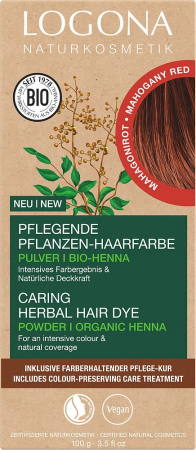 Vopsea de par, fixativ, ceara par, ulei par - Vopsea de par bio pe baza de plante, rosu mahon 100g Logona