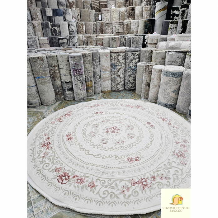 Covor elegant alb roz pudra ROTUND, cu franjuri delicati [2]