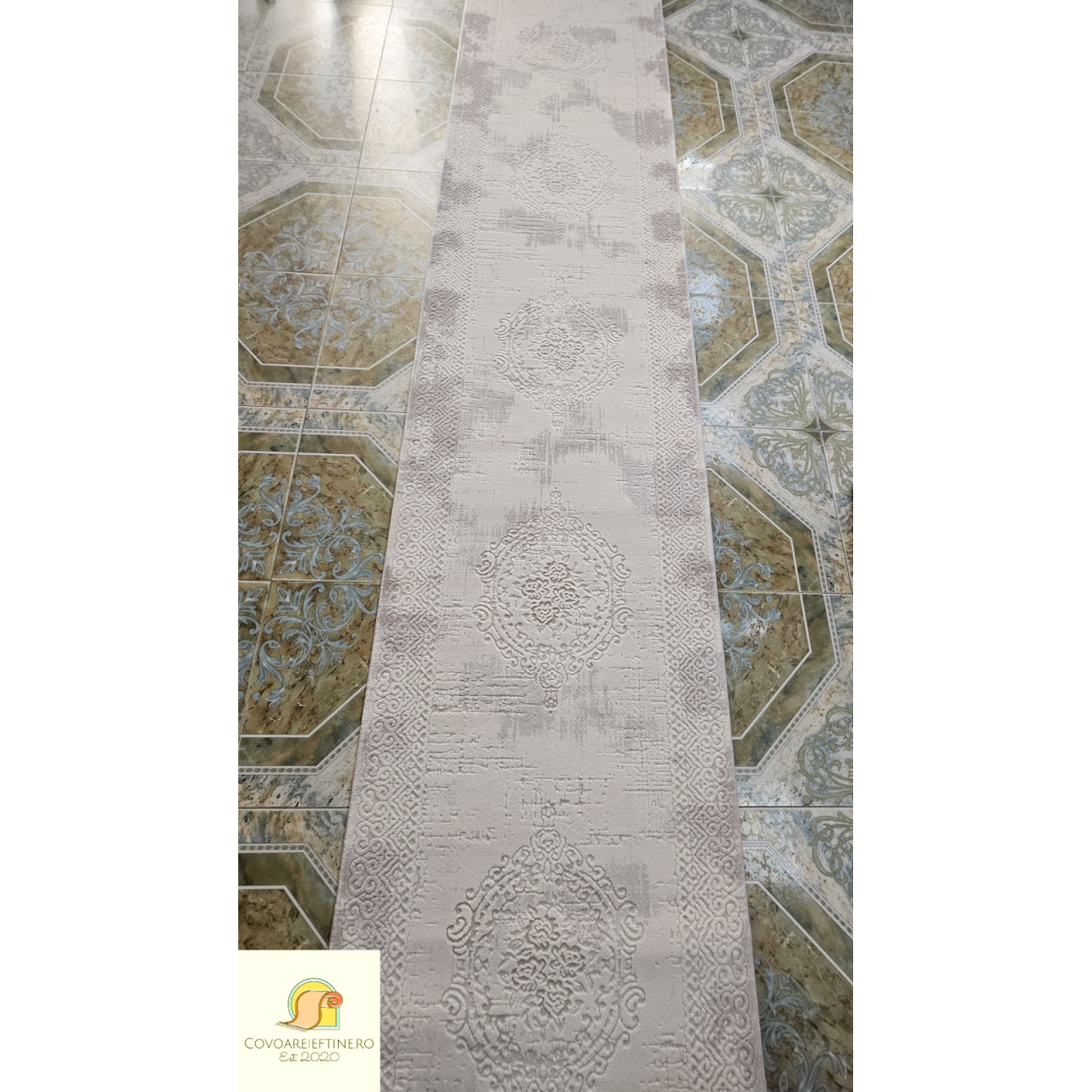 Covor exclusivist cu franjuri, model medalion, crem bej [5]
