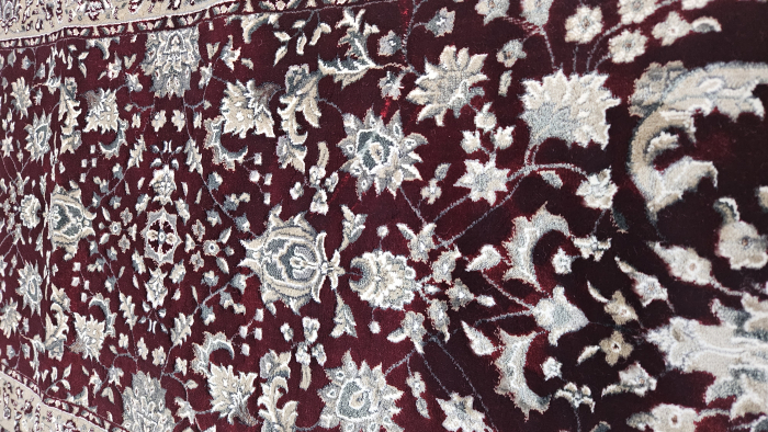 Covor gros clasic, model floral , bordo , cu insertii piele pe spate si franjuri la capete [4]