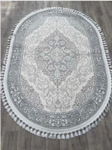 DELUXE - COVOR acrilic exclusivist, cu ciucuri, gri alb crem, oval