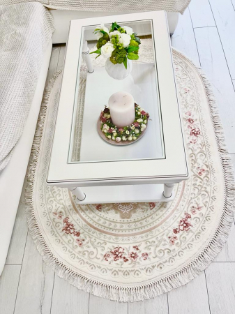 Carpete 70/100 - Covor acrilic cu franjuri ,elegant, alb roz pudra, OVAL