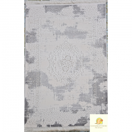 Produse noi - COVOR EXCLUSIVIST alb/gri cu franjuri, model medalion