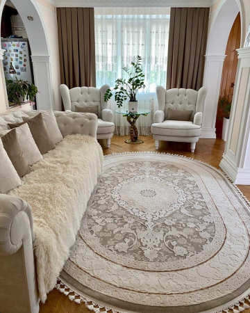 Covoare 150/235 - COVOR acrilic exclusivist, crem maro, cu ciucuri, oval