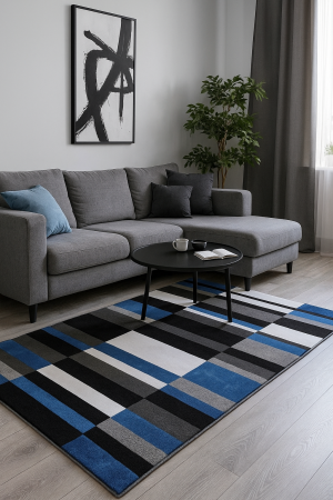 Covoare in relief - Covor gros albastru cu alb model pătrate