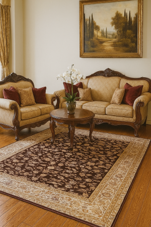 COVOARE cu FIR SCURT - Covor gros clasic, model floral , bordo , cu insertii piele pe spate si franjuri la capete