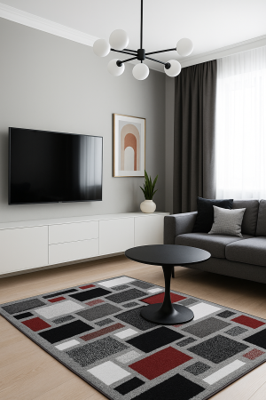 Covoare 200/300 - Covor gros, modern cu patrate, gri negru roșu