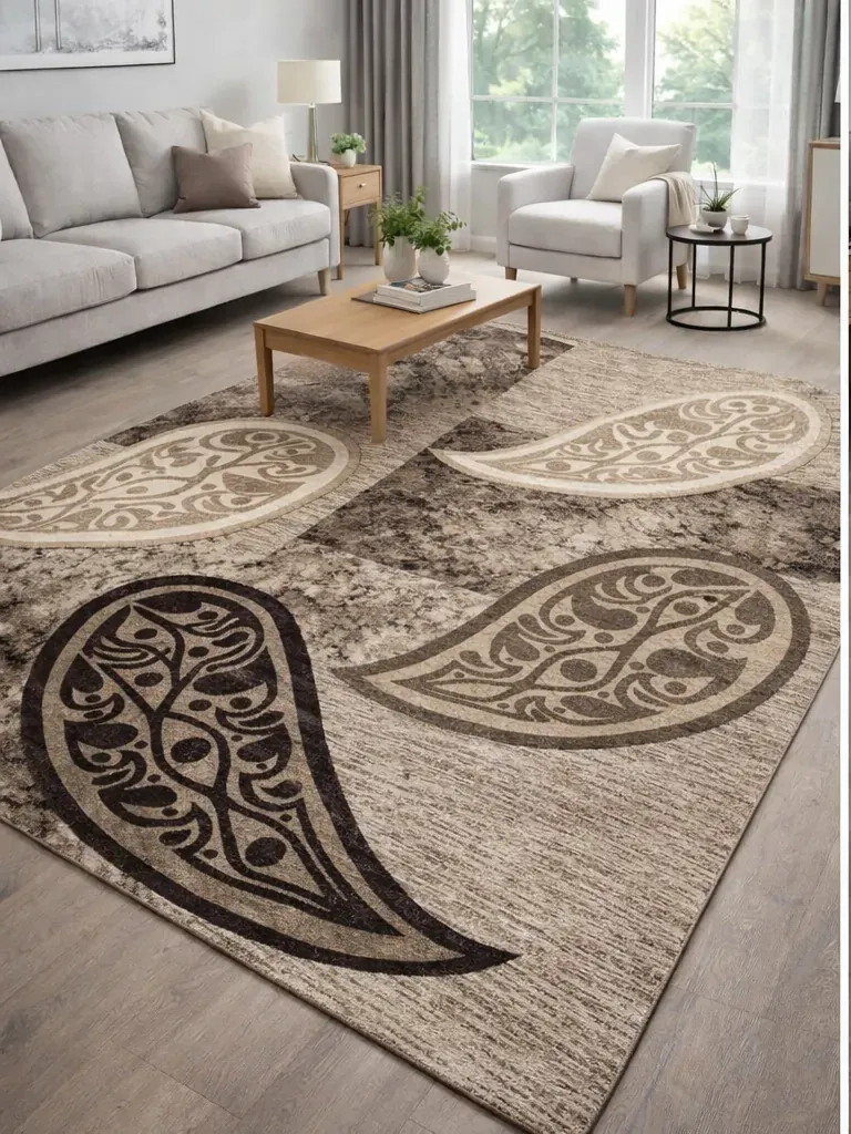 COVOARE LA METRU - Covor model frunze , bej maro, dreptunghiular