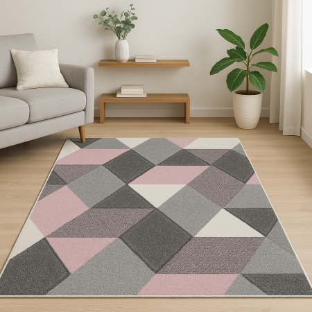 Seturi pentru dormitoare latime 60 cm - Covor model geometric roz, gri , crem