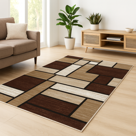 Covor modern bej maro inchis, model geometric patrate [1]