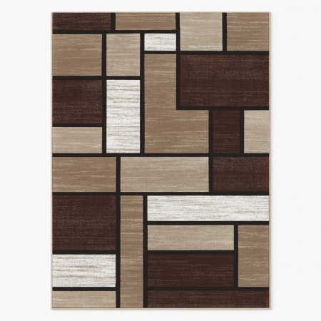 COVOARE cu FIR SCURT - Covor modern bej maro inchis, model geometric patrate