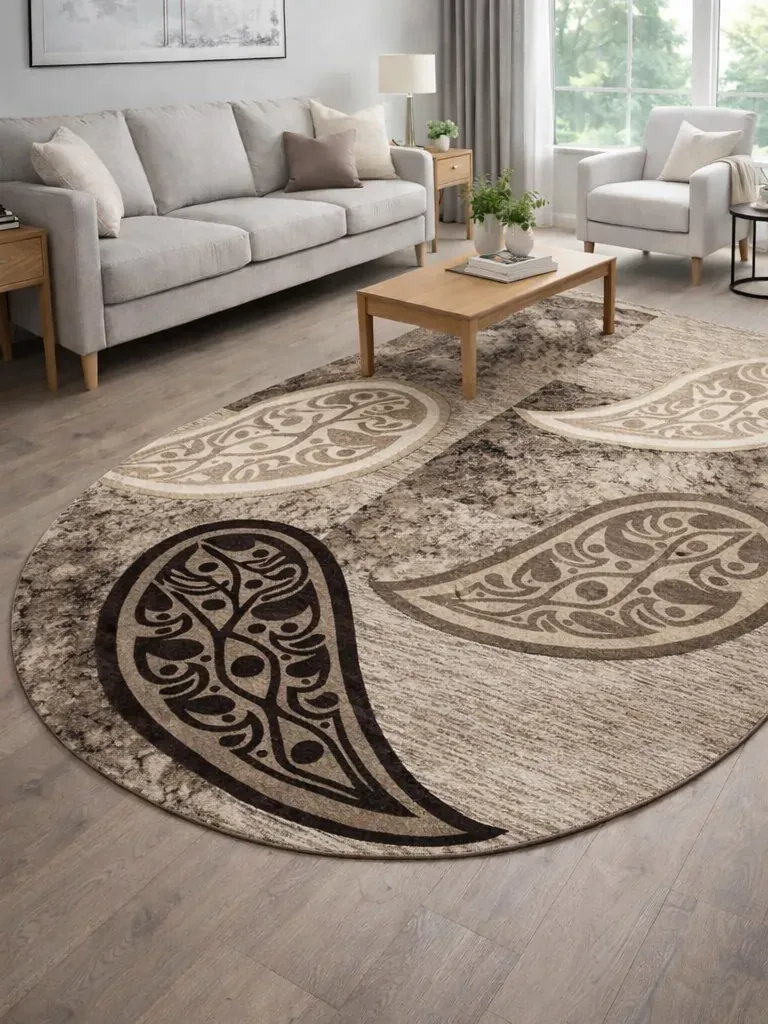 Covoare in relief - Covor modern, model frunze, bej maro, oval