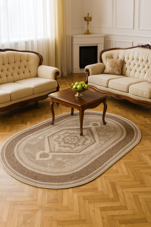 Covoare clasice cu modele florale - Covor oval, clasic model romb crem maro