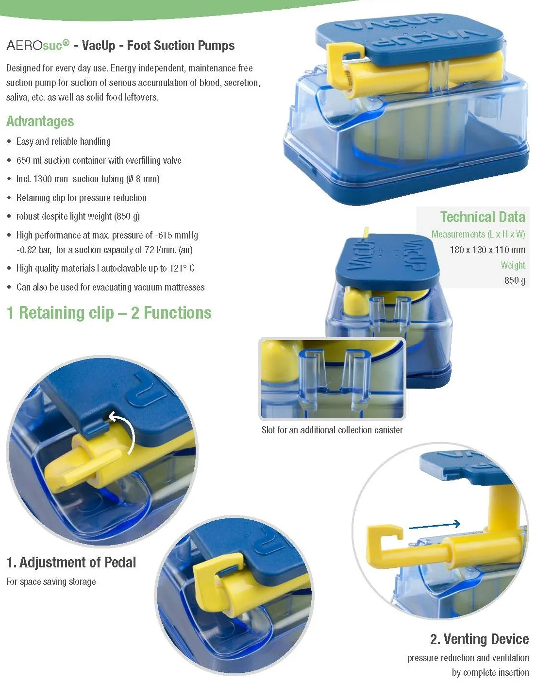 Аспиратор на секрети AEROsuc VacUp, с педал, 650 ml, max 615 mmHg, 72 LPM, стерилиризиращ се [4]