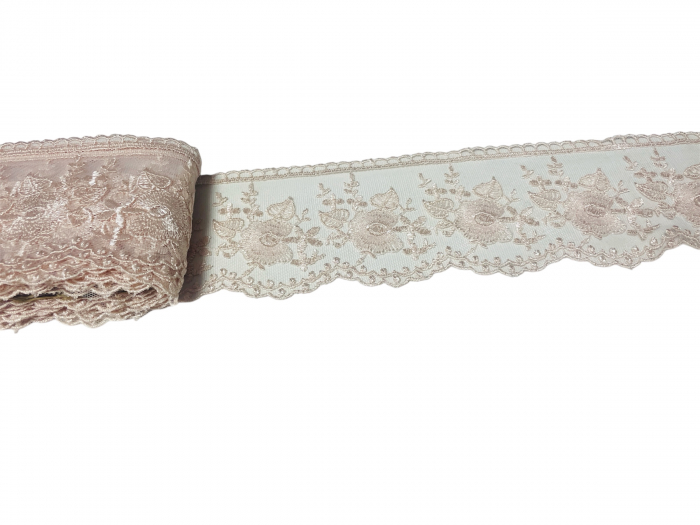 Dantela brodata pe tull 8cm - roz prafuit deschis [2]