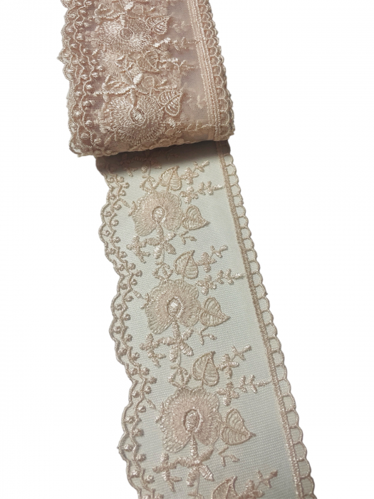 Dantela brodata pe tull 8cm - roz prafuit deschis [3]