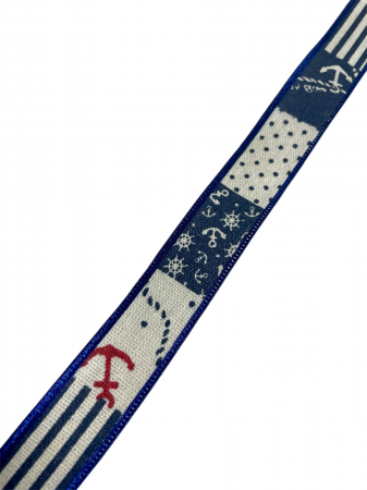 Benzi din iută/bumbac - Banda imprimata bumbac 2.5cm - model nautic
