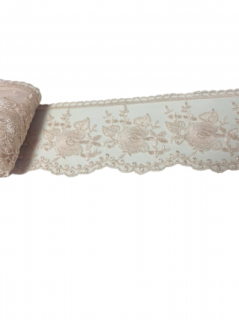 Dantelă pe tull/organza - Dantela brodata pe tull 8cm - roz prafuit deschis