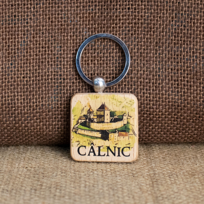 Breloc din lemn, suvenir, acuarela, Cetatea Calnic, judetul Alba [1]
