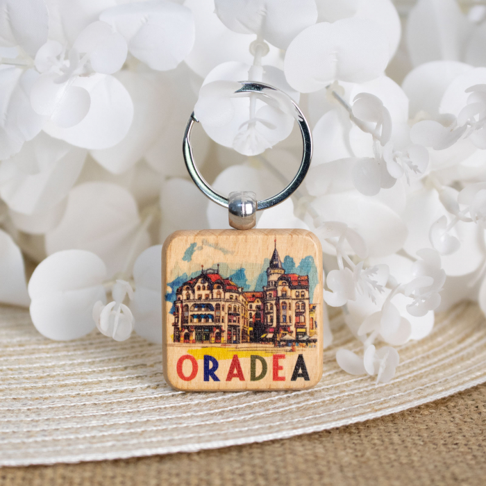 Breloc din lemn, suvenir, acuarela, Palatul "Vulturul Negru" Oradea [2]
