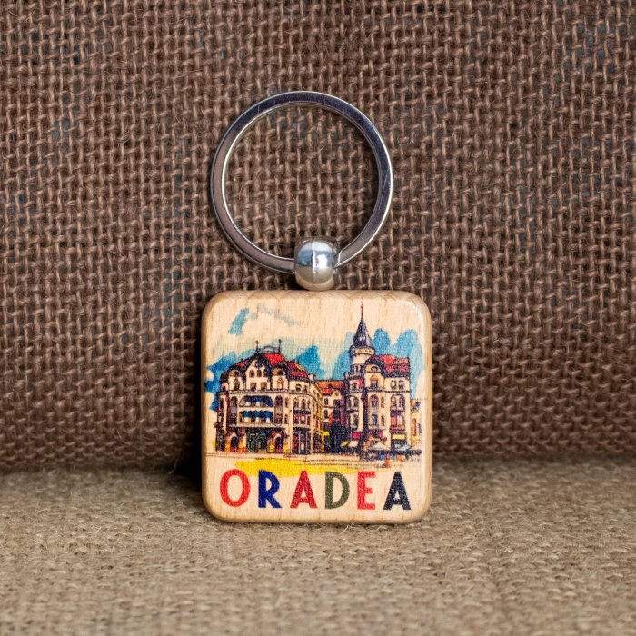 Breloc din lemn, suvenir, acuarela, Palatul "Vulturul Negru" Oradea [1]