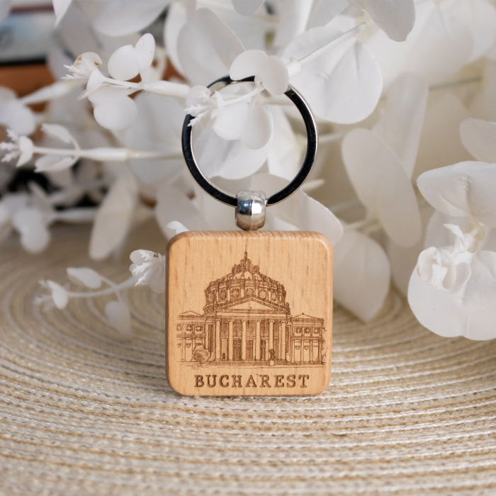 Breloc din lemn, suvenir, gravat, Ateneul Roman Bucuresti [2]