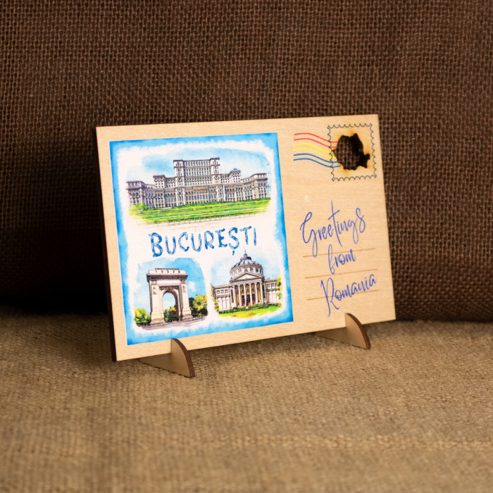 Carte postala Din Lemn, acuarela, Bucuresti (Arcul de Triumf, Ateneul Roman, Palatul Parlamentului) [2]