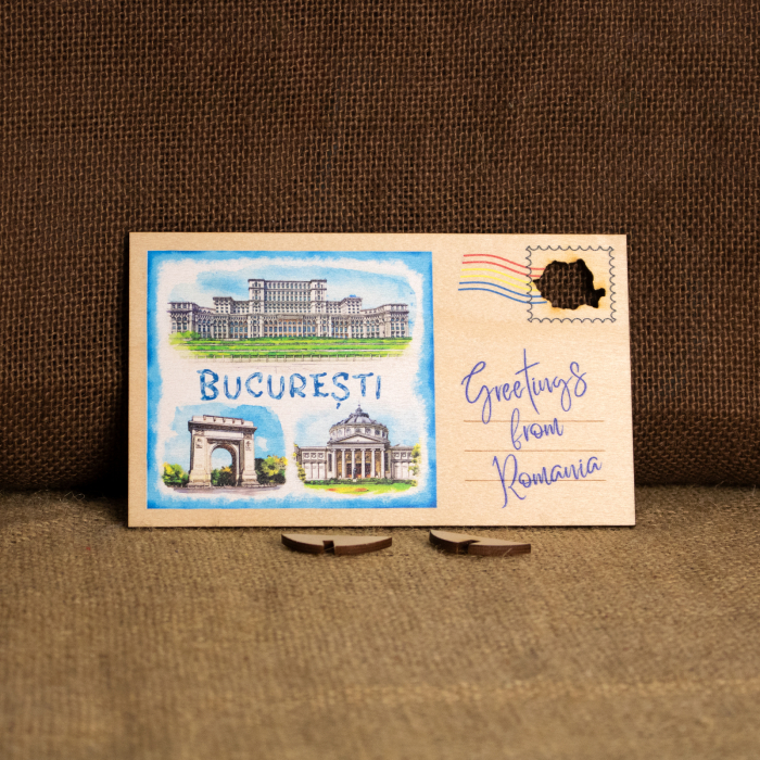 Carte postala Din Lemn, acuarela, Bucuresti (Arcul de Triumf, Ateneul Roman, Palatul Parlamentului) [3]