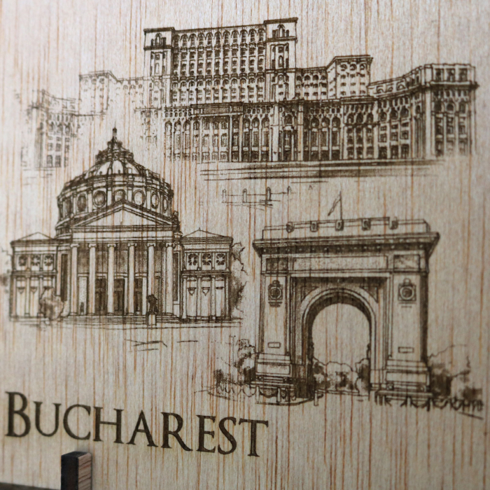 Carte Postala suvenir, din lemn, Gravata, Visit Bucuresti [2]