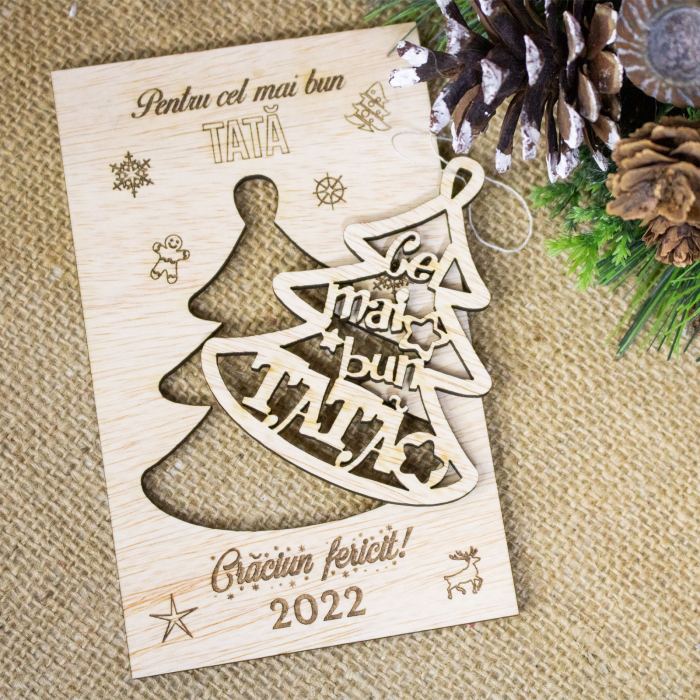 Felicitare de Craciun din lemn, personalizata „Cel mai bun tata” [2]