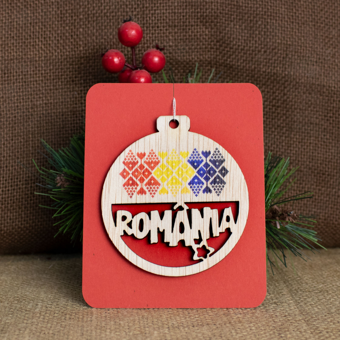 Glob de Craciun, suvenir, din lemn, decupat, "Romania" [2]