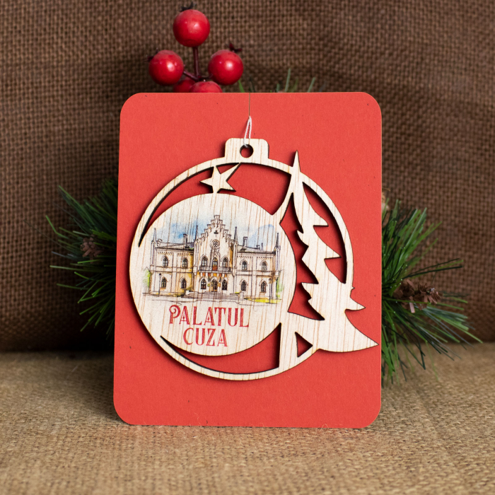Glob de Craciun suvenir, din lemn, personalizat, "Palatul Cuza de la Ruginoasa" [2]