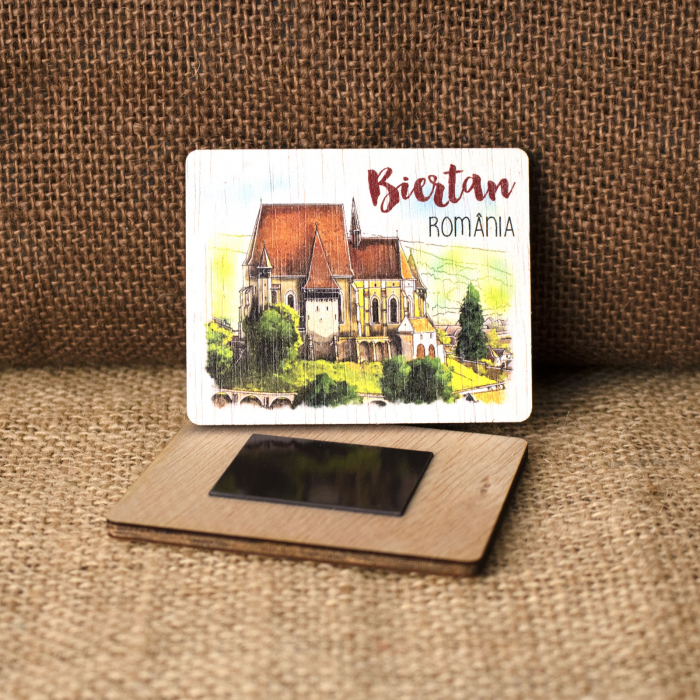 Magnet de frigider din lemn, acuarela, Biserica Fortificata Biertan, Sibiu [2]