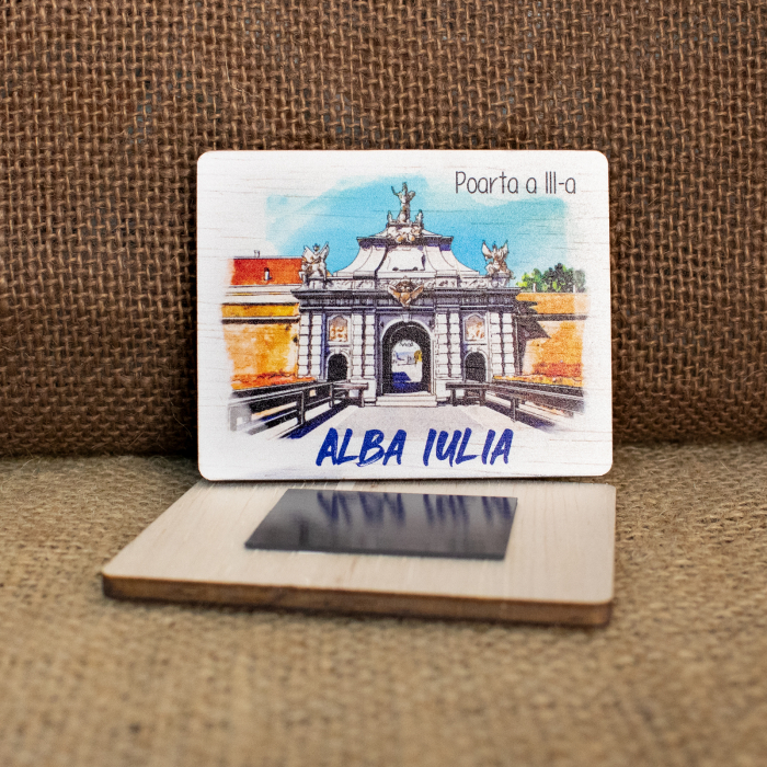 Magnet de frigider din lemn, acuarela "Poarta a III-a" Cetatea Alba Carolina, Alba Iulia [2]