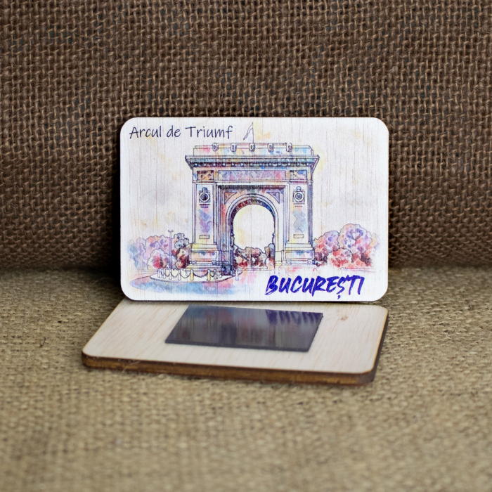 Magnet de frigider, din lemn, color, pictat, Arcul de Triumf, Bucuresti [2]