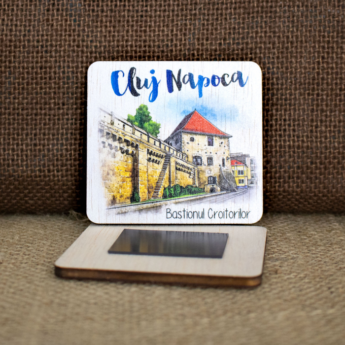 Magnet de frigider din lemn, acuarela, "Bastionul Croitorilor" Cluj Napoca [2]