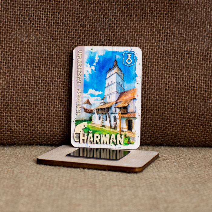 Magnet de frigider din lemn, acuarela, Biserica - Cetate Fortificata, Harman [2]
