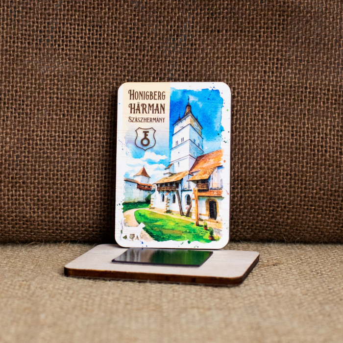 Magnet de frigider din lemn, acuarela, Biserica Evanghelica Fortificata, Harman [2]