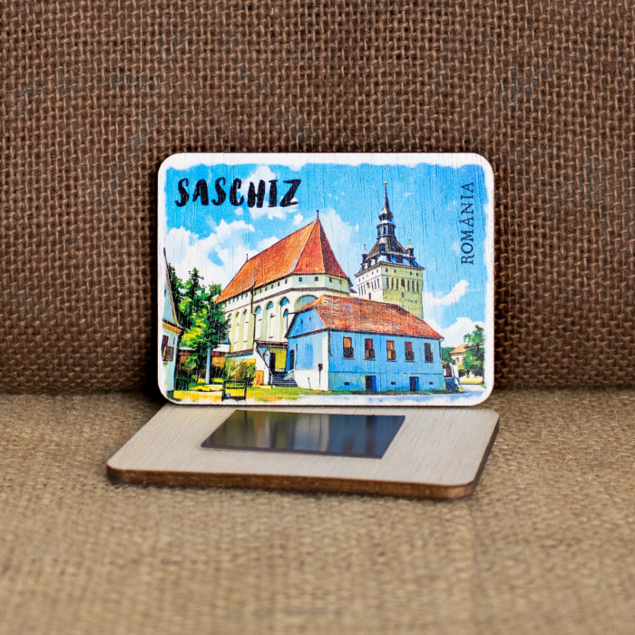 Magnet de frigider din lemn, acuarela, Biserica Fortificata din Saschiz, Mures [2]