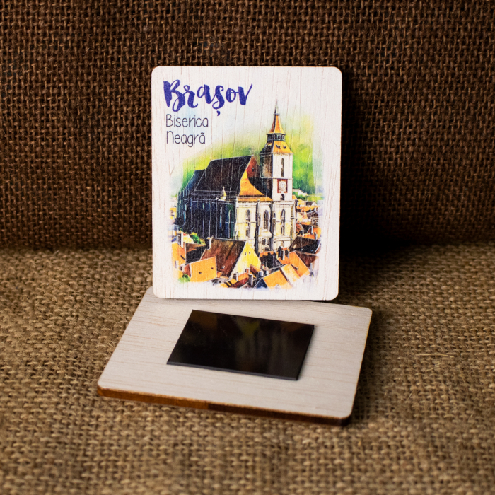 Magnet de frigider din lemn, acuarela, "Biserica Neagra" Brasov [2]