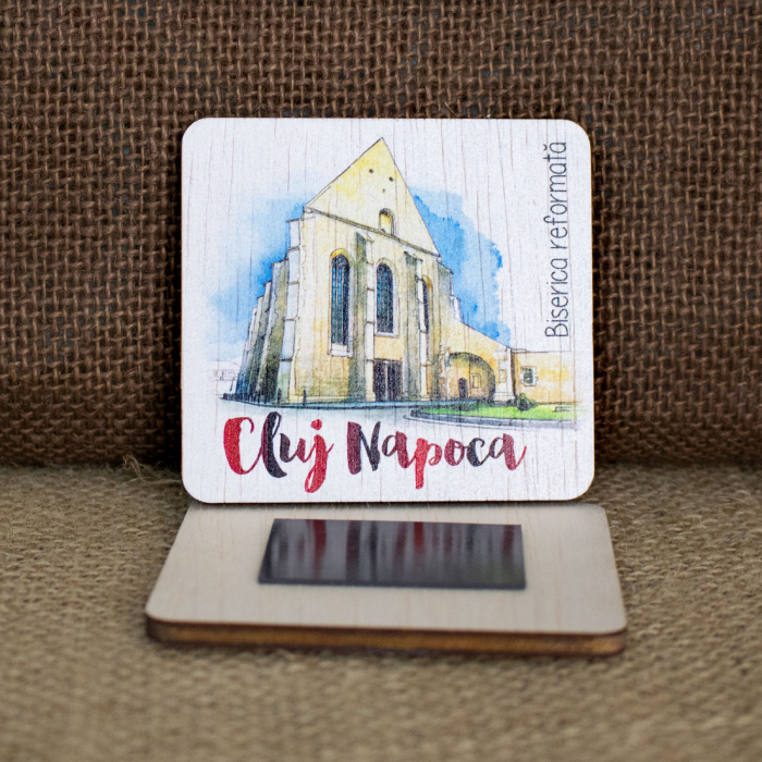 Magnet de frigider din lemn, acuarela, "Biserica reformata" Cluj Napoca [2]