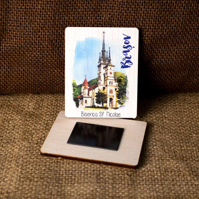Magnet de frigider din lemn, acuarela, "Biserica Sf. Nicolae" Brasov [2]
