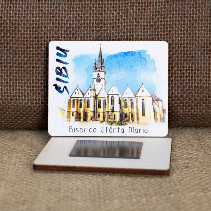 Magnet de frigider din lemn, acuarela, Biserica Sfanta Maria Sibiu [2]